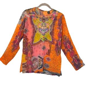 Sheer BoHo Long Sleeved Notch Neck Multicolored Top Size Large